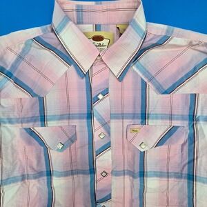 Larry Mahan Western Shirt Mens XL Pink Blue Plaid Cotton Diamond Pearl Snap SS